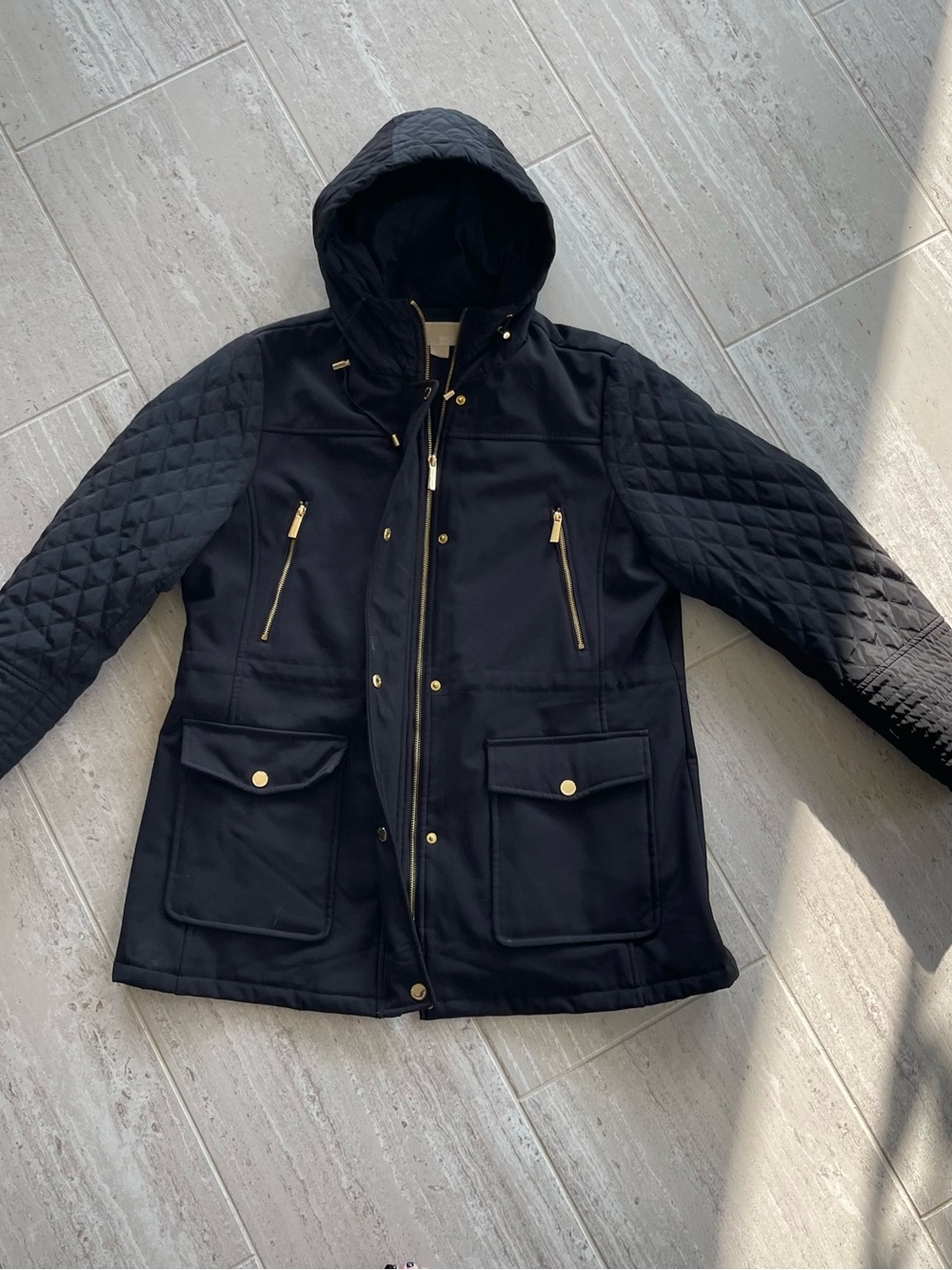 Michael Kors Women's Black Quilted Hooded Utility Jacket Gold Hardware Size XL